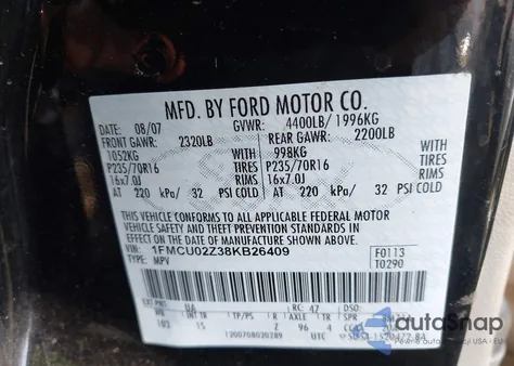 2008 Ford Escape Xls/Xls Manual z USA, uszkodzony, nr VIN 1FMCU02Z38KB26409